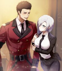 Rule 34 | 1boy, 1girl, absurdres, arm hug, belt, black belt, black gloves, black hair, black necktie, black pants, black suit, blue eyes, breasts, brown eyes, buttons, coat, collared shirt, commander (girls&#039; frontline), commentary, double-breasted, english commentary, formal clothes, girls&#039; frontline, gloves, griffin &amp; kryuger military uniform, hair over one eye, hatooka, highres, jacket, large breasts, long sleeves, looking at another, mg5 (girls&#039; frontline), necktie, open clothes, open jacket, pants, red coat, second-party source, shirt, shirt tucked in, short hair, suit, white hair, white shirt
