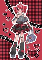 1girl absurdres ahoge alternate_costume bag bag_charm baguette bare_shoulders belt black_belt black_leg_warmers bracelet bread charm_(object) drill_hair fishnet_thighhighs fishnets food full_body grey_shirt hand_up handbag heart highres holding holding_bag jewelry kasane_teto kouno_rikopin lace_trim layered_skirt leg_warmers looking_at_viewer miniskirt necklace outline plaid_clothes plaid_skirt platform_shoes red_background red_eyes red_hair red_skirt shirt short_sleeves single_thighhigh skirt solo standing thigh_strap thighhighs twin_drills utau white_outline