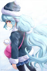 1girl arm_at_side bag black_pantyhose blue_hair blue_skirt closed_mouth dot_mouth dutch_angle facial_mark feet_out_of_frame floating_hair from_behind fur-trimmed_headwear fur-trimmed_jacket fur_trim grey_hat grey_jacket guardian_tales hat headgear holding holding_snowball jacket little_android_aa72 long_hair long_sleeves looking_at_viewer looking_back low_twintails miniskirt pantyhose pink_bag pleated_skirt pom_pom_(clothes) red_eyes shoulder_bag sideways_glance skirt snowball solo standing takenokojro twintails twitter_username very_long_hair winter winter_clothes