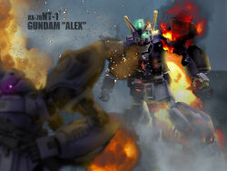 Rule 34 | absurdres, battle, blurry, blurry foreground, burning, character name, commentary request, damaged, debris, duel, fake screenshot, fire, glowing, glowing eye, gundam, gundam 0080, gundam alex, highres, kampfer (mobile suit), machinery, mecha, mecha focus, mobile suit, no humans, one-eyed, robot, science fiction, smoke, sparks, te zhuang chen, v-fin
