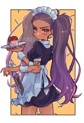 1girl 3bai_kaiouken absurdres alternate_costume animification apron artist_name black_dress black_hair border breasts cupcake dark-skinned_female dark_skin dress earrings enmaided food from_behind gradient_hair hair_behind_ear highres holding holding_knife holding_plate hoop_earrings jewelry knife maid maid_apron maid_headdress medium_breasts multicolored_hair outside_border plate purple_eyes purple_hair reyna_(valorant) solo twintails v-shaped_eyebrows valorant white_border yellow_background