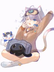 1girl :3 :d absurdres ahoge animal_ear_fluff animal_ears arm_up blue_eyes brown_sweater cat_ears cat_girl cat_tail cipher_(honkai:_star_rail) cipher_(sweet_slumber)_(honkai:_star_rail) covering_own_mouth creature crossed_ankles dididi_laonian_ka fang full_body grey_hair hair_between_eyes hand_over_own_mouth hand_up highres honkai:_star_rail honkai_(series) long_sleeves looking_at_viewer mask mask_on_head official_alternate_costume one_eye_closed open_mouth outstretched_arm simple_background sitting sleep_mask sleepwear smile socks solo stretching sweater tail trailblazer_(honkai:_star_rail) trailblazer_(trash_cake)_(honkai:_star_rail) white_background white_socks yawning