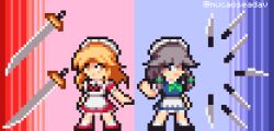 2girls apron blonde_hair blue_eyes bow braid dress frills hair_ornament izayoi_sakuya knife long_hair maid maid_headdress mucaoseadav multiple_girls open_mouth pixel_art puffy_short_sleeves puffy_sleeves red_dress ribbon short_sleeves sprite sword touhou touhou_(pc-98) trait_connection twin_braids weapon yellow_eyes yumeko_(touhou)