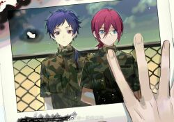 Rule 34 | 2boys, blue eyes, blue hair, blue sky, burnt, camouflage, camouflage shirt, censored, censored text, chain-link fence, chinese commentary, closed mouth, cloud, collared shirt, commentary request, ensemble stars!, expressionless, fence, fushimi yuzuru, glasses, gradient sky, green shirt, hair between eyes, hair over shoulder, high collar, holding, holding photo, kitakawayui, light particles, long hair, looking at viewer, low ponytail, male focus, messy hair, military uniform, mixed-language commentary, mole, mole under eye, multiple boys, outdoors, photo (object), pink eyes, pink hair, pocket, ponytail, pov, saegusa ibara, shirt, short ponytail, short sleeves, sky, sunrise, upper body, watermark, weibo watermark, yellow sky
