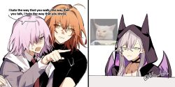 3girls ahoge anger_vein animal_ears black_shirt cat_ears collarbone english_text fate/grand_order fate_(series) fujimaru_ritsuka_(female) green_eyes highres lilith_(fate) mash_kyrielight meme multiple_girls orange_eyes orange_hair pink_hair pointing shirt short_hair speech_bubble totetote_x twitter_username wings woman_yelling_at_cat_(meme)