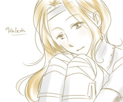 Rule 34 | 1girl, character name, closed mouth, eyebrows, eyebrows hidden by hair, eyelashes, eyes visible through hair, female focus, haleth, headband, jelly rosepi, knees up, long hair, looking at viewer, solo, the silmarillion, tolkien&#039;s legendarium