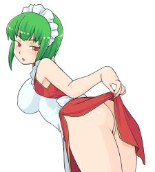 1girl apron artist_request ass back_bow bare_arms bare_shoulders bent_over bow breasts check_artist china_dress chinese_clothes clothes_lift dress dress_lift eyeshadow fingernails futaba_channel gold_trim green_eyeshadow green_hair hinemosu_notari large_breasts lifting_own_clothes maid maid_apron maid_headdress makeup nail_polish nijiura_maids parted_lips qi_maid red_dress red_eyes red_lips red_nails shibai short_hair side_slit simple_background solo third-party_source white_apron white_background white_bow