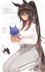 ... 1girl absurdres black_hair black_socks blue_eyes blue_hair blush braid breasts cesario_(umamusume) character_doll chibi closed_mouth commentary_request crown_braid doll ear_ornament grey_pants grey_socks grid_background hair_between_eyes highres holding holding_doll kneeling large_breasts long_hair long_sleeves mismatched_socks multicolored_hair multiple_views pants ponytail short_hair sidelocks socks spoken_ellipsis streaked_hair sweater sweatpants symboli_kris_s_(umamusume) tetora_(oudonoishiize) translation_request umamusume very_long_hair white_hair white_sweater