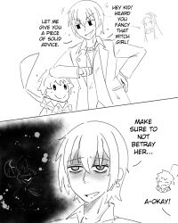 1girl 2boys abigail_williams_(fate) abigail_williams_(first_ascension)_(fate) bow earrings elbow_on_another&#039;s_head english_text fate/grand_order fate_(series) forehead gat0w greyscale hair_bow highres jason_(fate) jewelry long_hair medea_(caster)_(fate) medea_(fate) monochrome multiple_boys open_mouth parted_bangs short_hair smile sparkle voyager_(fate)