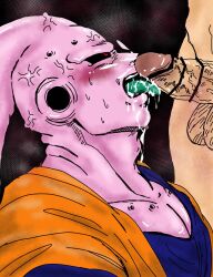 2boys blush censored colored_skin cum cum_in_mouth cum_on_body dragon_ball dragonball_z ejaculation erection facial fellatio gn3g large_pectorals licking licking_penis looking_at_another majin_buu male_focus multiple_boys oral pectorals penis pink_skin red_eyes super_buu testicles tongue tongue_out yaoi