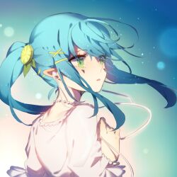 137058648 1girl aotu_world artist_name blue_background blue_hair chinese_commentary crying crying_with_eyes_open earphones facial_mark food food-themed_hair_ornament frilled_sleeves frills fruit green_eyes hair_ornament hairclip highres jewelry lemon lemon_(aotu_world) lemon_hair_ornament lemon_slice light_particles long_hair long_sleeves necklace open_mouth parted_lips pointy_ears ponytail ribbon shirt sidelocks solo tears twintails upper_body white_shirt x_hair_ornament