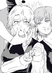 3girls chainsaw_man dress earrings falling_devil_(chainsaw_man) fami_(chainsaw_man) fourth_east_high_school_uniform greyscale highres jewelry k.rikina long_sleeves monochrome multiple_girls pinafore_dress ringed_eyes rock school_uniform sleeveless sleeveless_dress white_haired_girl_(chainsaw_man)