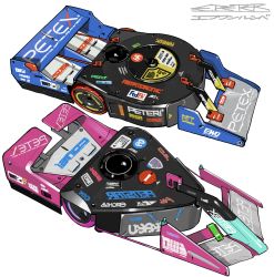 absurdres artist_name formula_one from_above highres no_humans parody peter_(peter6409) robotic_vacuum_cleaner simple_background spoiler_(automobile) wheel white_background