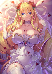 1girl ahoge bed_sheet blonde_hair blue_eyes breasts character_request choker cleavage closed_mouth collarbone detached_sleeves dress drill_hair earrings flower garter_straps hair_flower hair_ornament highres jewelry large_breasts lying on_back original red_flower red_petals ring sheet_grab single_garter_strap smile solo takamine_nadare thighhighs veil white_choker white_dress white_garter_straps white_sleeves white_thighhighs