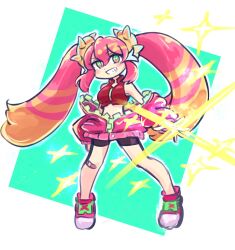 1girl 250en_remon crop_top duel_monster full_body green_eyes grin highres jacket ki-sikil_(yu-gi-oh!) live_twin_ki-sikil looking_at_viewer pink_hair pink_jacket pink_shoes red_shirt shirt shoes smile solo standing twintails yu-gi-oh!