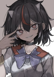 Rule 34 | 1girl, @ @, absurdres, black hair, blue bow, blue bowtie, bow, bowtie, commission, doyagao, highres, hisha (kan moko), horns, kijin seija, multicolored hair, oni horns, pixiv commission, red eyes, sharp teeth, shirt, short hair, smug, solo, streaked hair, teeth, touhou, white background, white shirt
