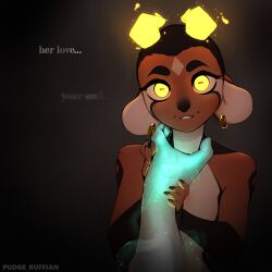 1girl absurdres artist_name body_fur breasts brown_fur colored_skin commentary demon_girl earrings english_commentary fingernails goat_girl gradient_background green_skin highres horizontal_pupils horns jewelry kody_(pudgeruffian) original pudgeruffian sharp_fingernails small_breasts smile solo teeth upper_body yellow_eyes
