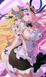 2girls absurdres animal_ears apron arm_strap artist_name bare_arms bare_shoulders black_bow black_bowtie black_ribbon black_skirt blonde_hair bow bowtie breasts cat_ears cat_girl cleavage clothed_female_nude_female collar commentary completely_nude covering_privates detached_collar frilled_apron frilled_collar frilled_skirt frills hair_ribbon highres hug hug_from_behind large_breasts long_hair maid maid_apron maid_headdress multiple_girls nike_(nike1060) nude nude_cover open_mouth original pink_hair purple_eyes ribbon shadow siblings sideboob sisters skirt very_long_hair white_apron white_collar wrist_cuffs