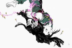 1boy barefoot bdsm black_eyes black_hair bondage bound colored_skin floating floating_hair ghost12 green_pants green_shirt highres hunter_x_hunter illumi_zoldyck long_hair looking_at_viewer magic needle pants parted_lips pink_rope rope shirt sleeveless sleeveless_shirt solo white_background white_skin