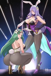 2girls animal_ears artist_name ass black_leotard blush breasts camilla_(fire_emblem) cleavage closed_mouth collarbone fake_animal_ears fake_tail female_focus fire_emblem fire_emblem:_three_houses fire_emblem_fates fire_emblem_heroes fishnets flower green_eyes green_hair hair_flower hair_ornament high_heels highres ihsnet large_breasts leotard long_hair looking_at_viewer matching_hair/eyes multiple_girls nintendo playboy_bunny pole pole_dancing purple_eyes purple_hair rabbit_ears rabbit_tail rhea_(fire_emblem) smile stripper_pole tail