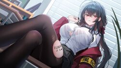 1girl absurdres ahoge armband azur_lane black_bow black_bowtie black_hair black_nails black_pantyhose black_skirt blush body_writing bow bowtie bra breasts button_gap buttons chalkboard cleavage clock collared_shirt commentary_request crossed_bangs crossed_legs desk dutch_angle from_below hair_between_eyes hair_bow hand_up highres holding holding_pen jacket korean_commentary large_breasts long_hair long_sleeves looking_at_viewer nail_polish official_alternate_costume open_clothes open_jacket pantyhose parted_lips partial_commentary pen plant pleated_skirt red_bow red_eyes red_jacket school_desk school_uniform see-through_clothes see-through_shirt shirt shirt_tucked_in sidelocks sitting skirt solo suisen_(suisenhwa) sweat taihou_(azur_lane) taihou_(sweet_time_after_school)_(azur_lane) thighs torn_clothes torn_pantyhose underwear very_long_hair white_shirt window window_blinds yellow_armband
