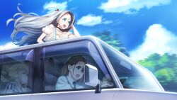 1boy 3girls :o antenna_hair bare_shoulders black_ribbon blonde_hair blouse blue_eyes blue_necktie blue_sky bow brown_hair casual cloud collared_shirt day determined dress_shirt driving floating_hair fukuda_tomonori game_cg glasses grey_hair hair_bow hashida_itaru hat hat_pin highres koujiro_frau long_hair low_twintails motion_blur motor_vehicle multiple_girls multiple_hair_bows necktie off-shoulder_shirt off_shoulder official_art open_mouth outdoors puffy_short_sleeves puffy_sleeves ribbon right-hand_drive robotics;notes robotics;notes_dash science_adventure shirt short_sleeves sitting sky standing striped_clothes striped_shirt tennouji_nae tennouji_nae_(robotics;notes) tree twintails very_long_hair yukifune_airi