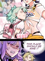 Rule 34 | 1boy, 3girls, anger vein, backpack, bag, belle (summer skies) (zenless zone zero), belle (zenless zone zero), bikini top under shirt, blonde hair, blue hair, chinatsu remiel, clenched teeth, commentary, earrings, english commentary, english text, fang, game screenshot inset, green hair, hair ornament, hairclip, head on chest, highres, hugo vlad, jewelry, jingle23, long hair, midriff, mole, mole under eye, multiple girls, musical note earrings, pointy ears, purple hair, randoseru, red eyes, shirt, short hair, shorts, slit pupils, stomach, sweatdrop, t-shirt, teeth, tied shirt, vivian banshee, yellow shorts, zenless zone zero