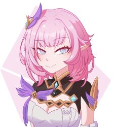 1girl blue_eyes breasts cleavage commentary corset desnvz elf elysia_(honkai_impact) elysia_(miss_pink_elf)_(honkai_impact) hair_ornament highres honkai_(series) honkai_impact_3rd large_breasts long_hair pink_hair pointy_ears shrug_(clothing) smile solo upper_body white_background white_corset