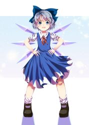 1girl absurdres black_shoes blue_bow blue_dress blue_eyes blue_hair bow cirno cirno_day collared_shirt detached_wings dress dungeon_toaster full_body hands_on_own_hips highres looking_at_viewer mary_janes neck_ribbon open_mouth pinafore_dress puffy_short_sleeves puffy_sleeves red_ribbon ribbon shirt shoes short_hair short_sleeves simple_background sleeveless sleeveless_dress socks solo standing teeth touhou upper_teeth_only white_shirt white_socks wings