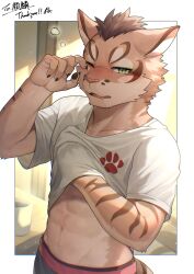 1boy abs animal_ears blush cat_boy cat_ears cat_tail claws clothes_lift commentary_request commission commissioner_name fang furry furry_male hand_under_clothes hand_under_shirt highres looking_at_viewer male_focus nekojishi one_eye_closed open_mouth pawpads pectorals ponzu_tas shirt shirt_lift shu_chi_(nekojishi) skeb_commission squeans tail toned toned_male