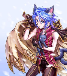 1boy :3 animal animal_ear_fluff animal_ears black_cat blue_background blue_eyes blue_hair brown_cape brown_gloves brown_pants cape cat cat_boy cat_ears cat_tail closed_mouth commentary_request cowboy_shot expressionless gloves gold_trim hair_between_eyes holding holding_animal holding_cat looking_at_viewer male_focus pants ragnarok_online red_shirt shirt short_hair sleeveless sleeveless_shirt solo tail unworn_cape wizard_(ragnarok_online) yukimushi