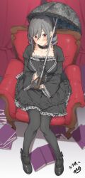 1girl armchair black_dress black_pantyhose blush chair commentary_request commission dress drill_hair full_body gloves gothic_lolita grey_hair highres idolmaster idolmaster_cinderella_girls kanzaki_ranko lolita_fashion looking_at_viewer pantyhose parasol red_eyes second-party_source sitting skeb_commission solo spirytus_tarou twin_drills umbrella