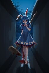 1girl animal_ears blood blood_on_face bloody_weapon blue_dress blue_hair chinese_commentary chunjiu commentary_request crescent_print dress earclip finger_to_mouth highres holding holding_mallet kine long_hair looking_at_viewer mallet night outdoors rabbit_ears rabbit_girl red_eyes sandals seiran_(touhou) short_sleeves shushing solo star_(symbol) star_print touhou twintails weapon