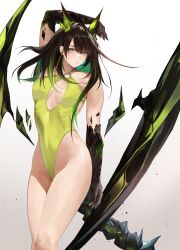 1girl absurdres alternate_costume arknights arm_above_head bare_shoulders black_hair breasts commentary green_eyes green_hair green_one-piece_swimsuit grey_background highleg highleg_one-piece_swimsuit highres looking_at_viewer medium_breasts mon3tr_(arknights) multicolored_hair o-ring o-ring_swimsuit one-piece_swimsuit simple_background solo swimsuit two-tone_hair yuki_flourish