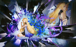 2girls bare_shoulders black_dress blonde_hair blue_eyes breasts cartethyia_(wuthering_waves) closed_mouth commentary crown_of_thorns dress dual_persona earrings fangeice fleurdelys_(wuthering_waves) floating_earrings highres horns jewelry kneeling long_hair looking_at_viewer medium_breasts multiple_girls own_hands_clasped own_hands_together pointy_ears sidelocks single_horn tacet_mark_(wuthering_waves) very_long_hair wuthering_waves yellow_horns