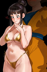 1boy 1girl bikini black_background black_hair blue_eyes breasts chi-chi_(dragon_ball) couple dragon_ball embarrassed excited excited_for_sex gold_bikini heart husband_and_wife muscular muscular_male serious son_goku thick_thighs thighs