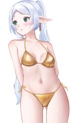 1girl absurdres arms_behind_back bikini blush breasts closed_mouth earrings elf frieren gluteal_fold gold_bikini highres jewelry long_hair navel pointy_ears sengnam1997 simple_background small_breasts solo sousou_no_frieren sweatdrop swimsuit twintails white_background white_hair