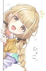 1girl absurdres black_ribbon blonde_hair blunt_bangs braid fang fujita_kotone gakuen_idolmaster hair_ornament hair_ribbon highres idolmaster jacket long_hair looking_at_viewer notice_lines open_clothes open_jacket open_mouth peeking_out puren_416 purple_jacket ribbon shirt simple_background smile solo t-shirt translation_request twin_braids upper_body white_background yellow_eyes yellow_shirt