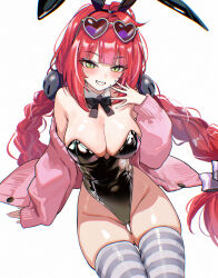 Rule 34 | 1girl, alternate costume, animal ears, arm support, black leotard, blush, braid, breasts, cleavage, commentary request, eyewear on head, fake animal ears, grey thighhighs, groin, hair intakes, heart, heart-shaped eyewear, highleg, highleg leotard, highres, jacket, large breasts, leotard, long hair, long sleeves, looking at viewer, low twin braids, open clothes, open jacket, pink jacket, playboy bunny, puffy long sleeves, puffy sleeves, simple background, skindentation, smile, solo, strapless, strapless leotard, striped clothes, striped thighhighs, thighhighs, twin braids, ukinami yuzuha, umamipesto, white background, yellow eyes, zenless zone zero