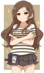Rule 34 | 1girl, absurdres, akarei (red spooky), black skirt, border, brown background, brown eyes, brown hair, character doll, closed mouth, cowboy shot, crossed arms, doll, frilled skirt, frills, highres, idolmaster, idolmaster million live!, kitazawa shiho, long hair, miniskirt, mogami shizuka, outside border, shirt, short sleeves, simple background, skirt, solo, sparkle, standing, striped clothes, striped shirt, stuffed animal, stuffed cat, stuffed toy, white border