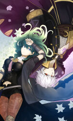 1boy 1girl absurdres armor black_coat black_shirt black_shorts blue_eyes bodice breasts brown_pantyhose coat eyes_of_grima female_byleth_(fire_emblem) fire_emblem fire_emblem:_three_houses fire_emblem_awakening flower green_hair grey_shirt grima_(fire_emblem) highres long_hair long_sleeves male_robin_(fire_emblem) male_robin_(grima)_(fire_emblem) medium_breasts navel nintendo pantyhose pantyhose_under_shorts red_eyes shirt short_hair shorts vambraces white_flower white_hair zuzu_(ywpd8853)
