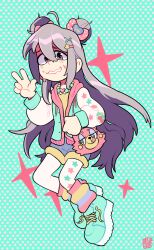 1girl animal_bag blue_shoes cat_bag collar creepygatos double_bun grey_hair hair_bun hair_ornament hairpin highres hoshi_syoko idol idolmaster idolmaster_cinderella_girls jacket long_hair polka_dot polka_dot_background scared shoes short_hair sparkle star_(symbol) star_hair_ornament sweat sweatdrop thighhighs untied_shoelaces v watermark wavy_hair