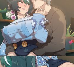 1boy 1girl black_hair blue_nails breasts eyes_out_of_frame flower green_hair grey_hair hair_flower hair_ornament head_out_of_frame hetero highres large_breasts looking_at_another multicolored_hair orchidea_(zenless_zone_zero) paid_reward_available saki_(remainaddd) short_hair streaked_hair sweat wise_(zenless_zone_zero) zenless_zone_zero