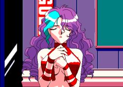 1girl animahjong animahjong_x animated animated_gif blue_eyes blush bouncing_breasts breasts female_focus game_cg indoors lipstick long_hair looking_at_viewer lowres makeup multicolored_hair nakajima_atsuko natsuki_okada nipples no_bra okada_natsuki panties pc-98_(style) pixel_art purple_hair smile sogna solo streaked_hair underwear undressing white_panties