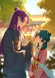 Rule 34 | absurdres, architecture, blue eyes, chinese clothes, duijin ruqun, east asian architecture, green hair, green sash, hair bun, hair ornament, hair stick, hanfu, highres, jewelry, jinshi (kusuriya no hitorigoto), kusuriya no hitorigoto, long hair, long sleeves, maomao (kusuriya no hitorigoto), necklace, phoenix print, pink skirt, purple eyes, purple hair, sash, satoko77, shawl, skirt, yuanlingpao