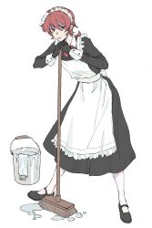 Rule 34 | 1girl, apron, black dress, black shoes, bow, bowtie, bucket, buttons, check gender, chinese commentary, closed mouth, commentary request, dress, expressionless, frilled apron, frills, full body, gender request, hair between eyes, highres, holding, holding mop, jishixingle1029, legs apart, long hair, long sleeves, low ponytail, maid, maid headdress, mary janes, mop, original, pantyhose, pleated dress, ponytail, puddle, red bow, red bowtie, red eyes, red hair, shoes, short ponytail, simple background, swept bangs, towel, white apron, white background, white pantyhose, white sleeve cuffs