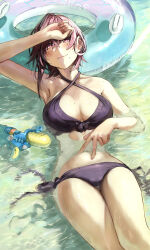 1girl armpits bikini black_bikini black_bow blush bow bow_bikini breasts brown_hair cleavage closed_mouth collarbone commentary_request day earclip earrings feet_out_of_frame fingernails floating hair_between_eyes hand_on_own_forehead hand_on_own_stomach hand_up hebizono_kyouko highres innertube jewelry kamikakushi_no_eden large_breasts light_smile long_bangs looking_at_viewer lying_on_water medium_hair mole mole_on_breast mole_on_shoulder mole_under_eye mole_under_mouth navel outdoors red_eyes sahara386 side-tie_bikini_bottom sidelocks slit_pupils solo stomach stud_earrings sunlight swim_ring swimsuit water water_gun wet wet_hair