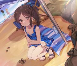 3girls beach blue_one-piece_swimsuit blush bottle brown_hair crab dress_swimsuit dutch_angle full_body highres idolmaster idolmaster_cinderella_girls lens_flare light_rays looking_at_viewer mat multiple_girls narasquid one-piece_swimsuit parasol polka_dot polka_dot_swimsuit ponytail sagisawa_fumika sakurai_momoka sandals smile solo_focus squatting swimsuit tachibana_arisu umbrella water_bottle