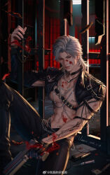 1boy abs absurdres asymmetrical_sleeves belt black_belt black_gloves black_pants blood blood_on_face bullet cage chain chest_harness choker closed_mouth gloves gun harness highres holding holding_gun holding_weapon in_cage jewelry lips looking_at_viewer love_and_deepspace male_focus medium_hair mismatched_sleeves o-ring o-ring_choker pants pectorals red_eyes ring sitting solo sylus_(love_and_deepspace) sylus_(tartarus)_(love_and_deepspace) syringe tattoo weapon white_hair wo_zhen_de_hao_e_ya