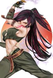 1girl adapted_costume arialla_draws arm_tattoo belt black_hair claw_(weapon) cosplay crop_top dreadlocks earrings fighting_stance final_fantasy final_fantasy_ix final_fantasy_vii final_fantasy_vii_ever_crisis highres hoop_earrings jewelry loose_belt multicolored_hair navel necklace official_alternate_costume ponytail salamander_coral salamander_coral_(cosplay) serious solo stomach tattoo tifa_lockhart tifa_lockhart_(amarant&#039;s_guise) tooth_necklace two-tone_hair weapon